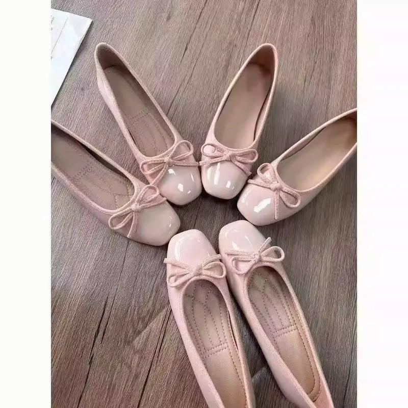 Women'S Shoes - レディース バレエシューズ スクエアトゥ リボン スリップオン パテント調