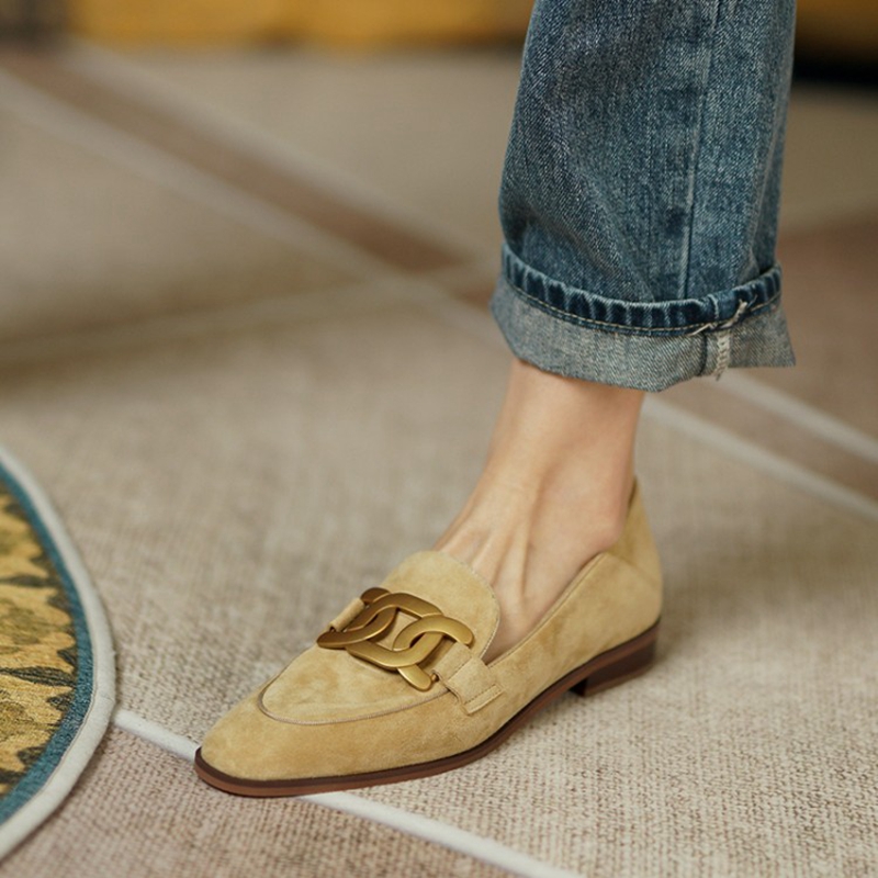 Women'S Shoes - 女性用スエードレザーモカシン,ラウンドトゥのローヒールシューズ,バックル付き,春と秋用