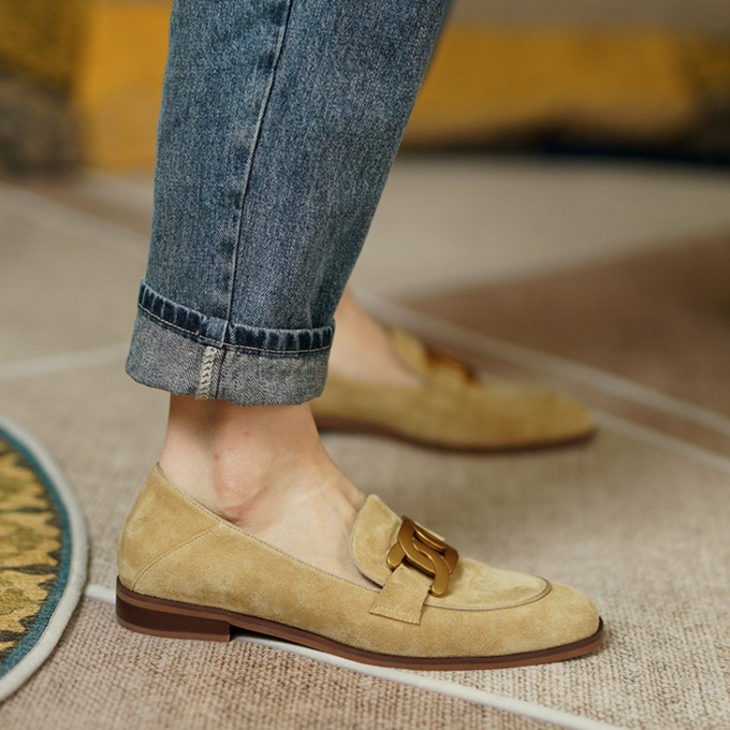 女性用スエードレザーモカシン,ラウンドトゥのローヒールシュー - Women'S Shoes のレビューと価格