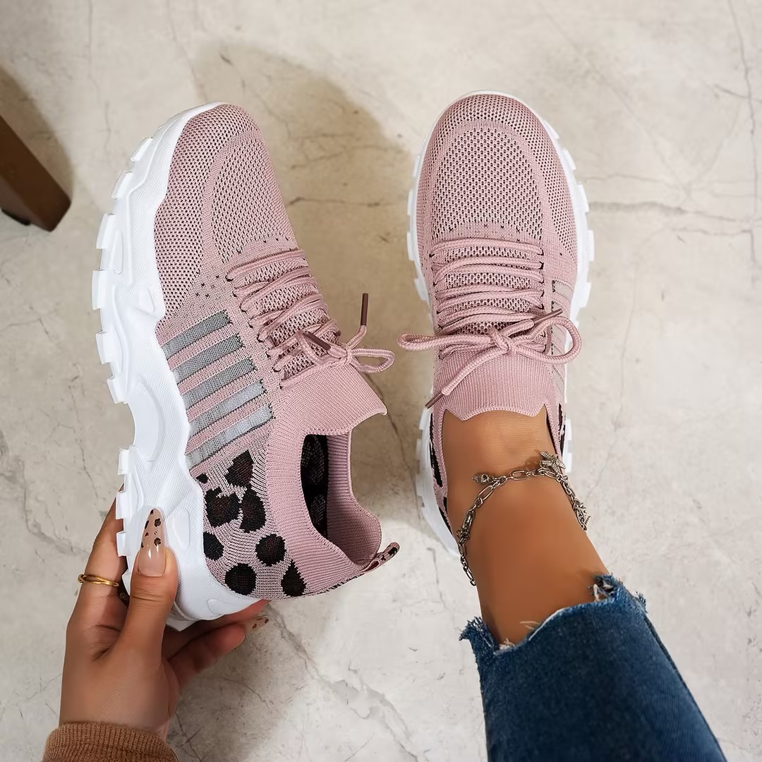 レディース 春秋 ニット 厚底スニーカー レオパード柄 パッ - Knit Fabric Lace Up Sneakers のレビューと価格