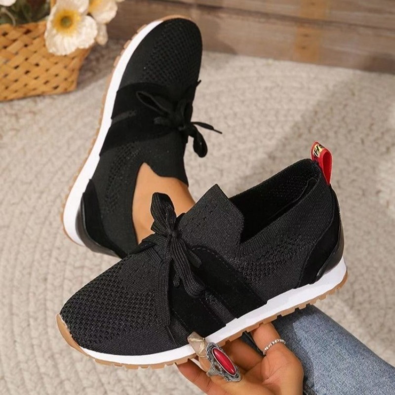 新しい黒のニット素材の通気性のあるレディーススニーカーシュー - Knit Fabric Lace Up Sneakers のレビューと価格